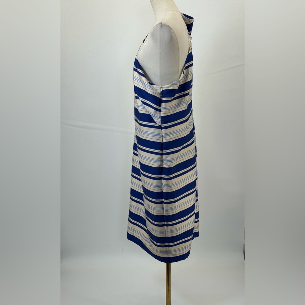 Banana Republic One Shoulder Striped Blue/Ivory With Bow Knee Length Dress SZ 16 - Picture 9 of 16